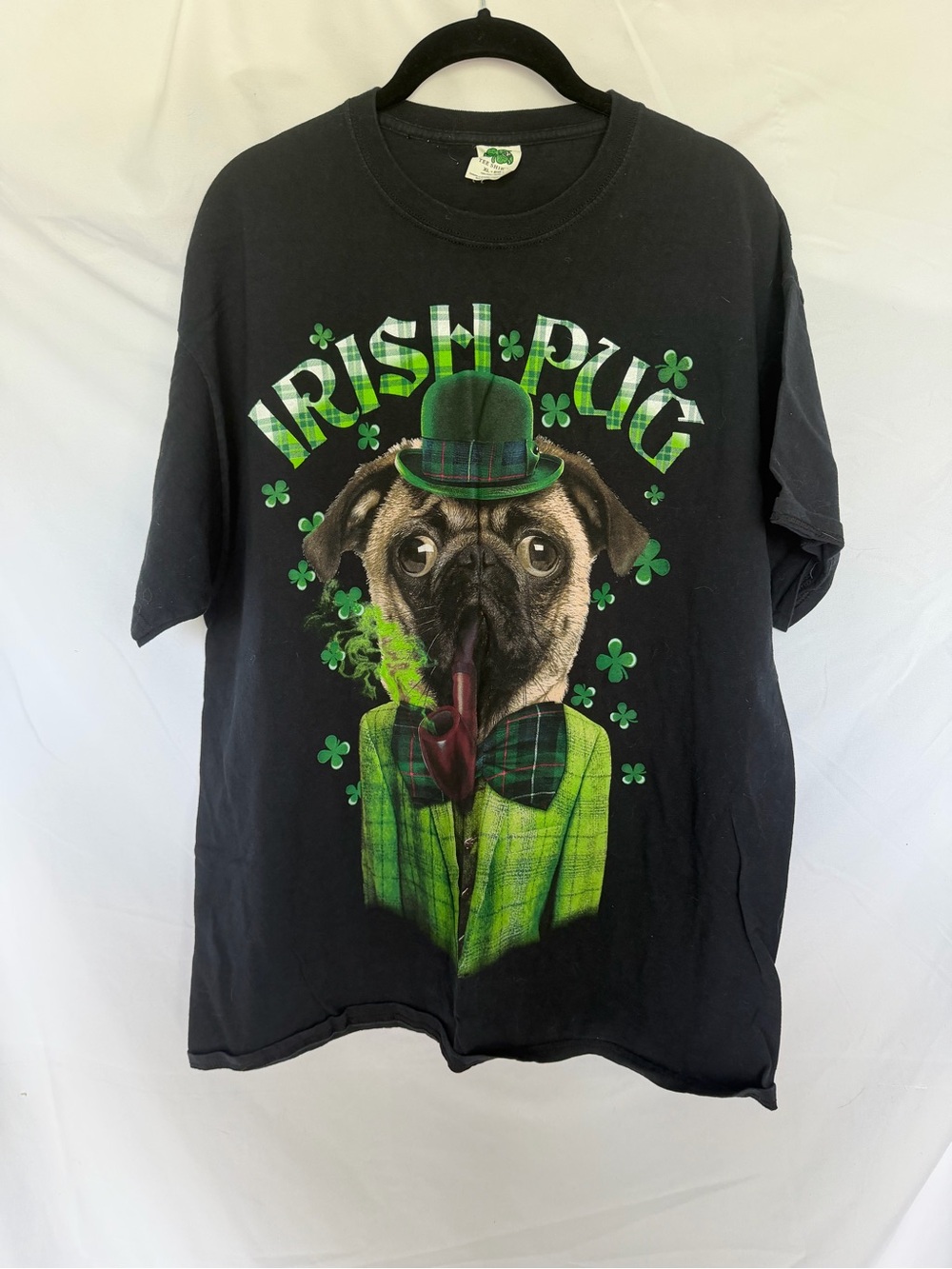Lucky Black Irish Pug Graphic Dog Tee with Green Accents